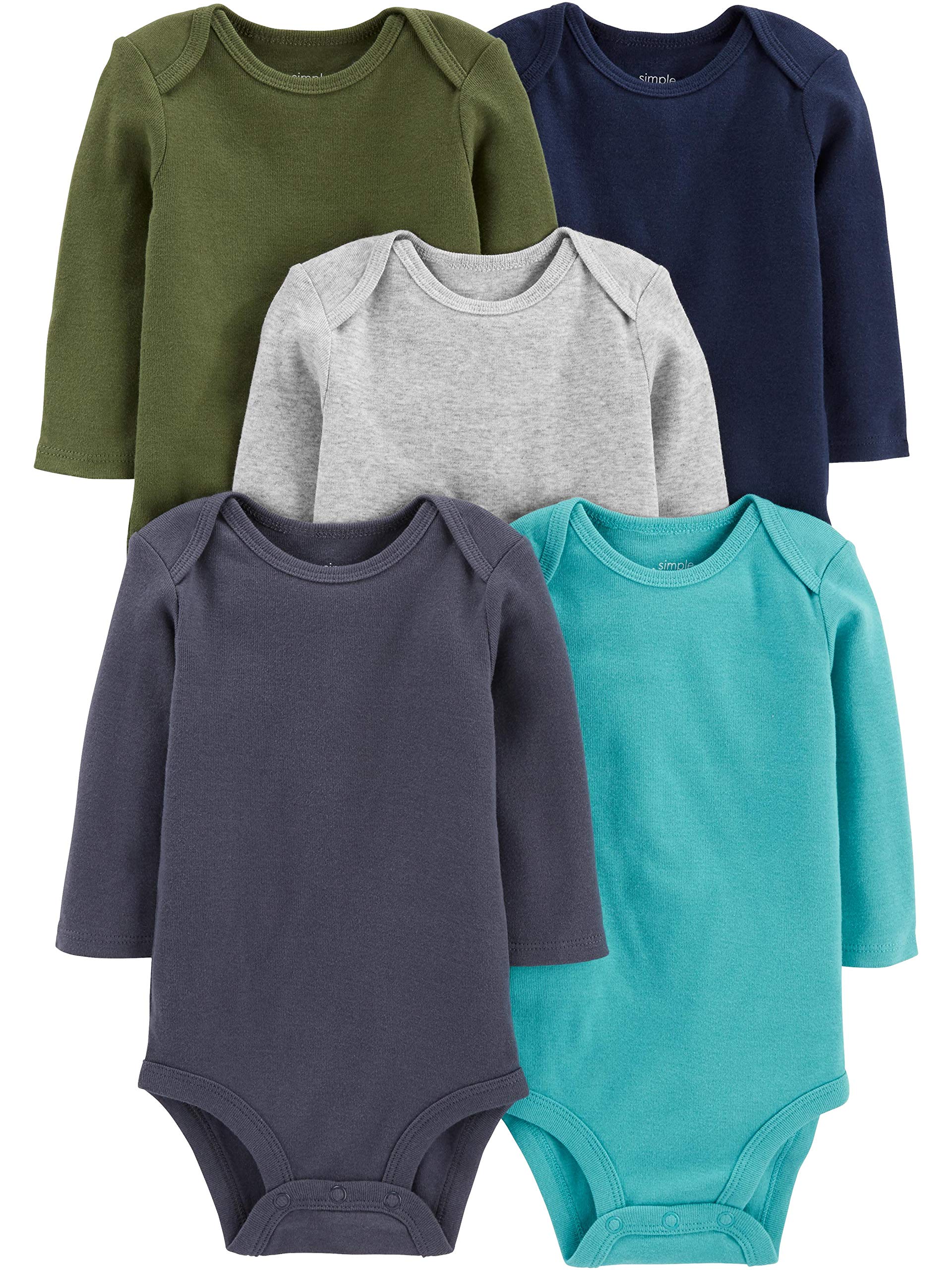 Simple Joys By Carter'S Baby Boys' 5-Pack Long-Sleeve Bodysuit, Blue/Grey Heather/Navy/Olive/Washed Navy, Preemie