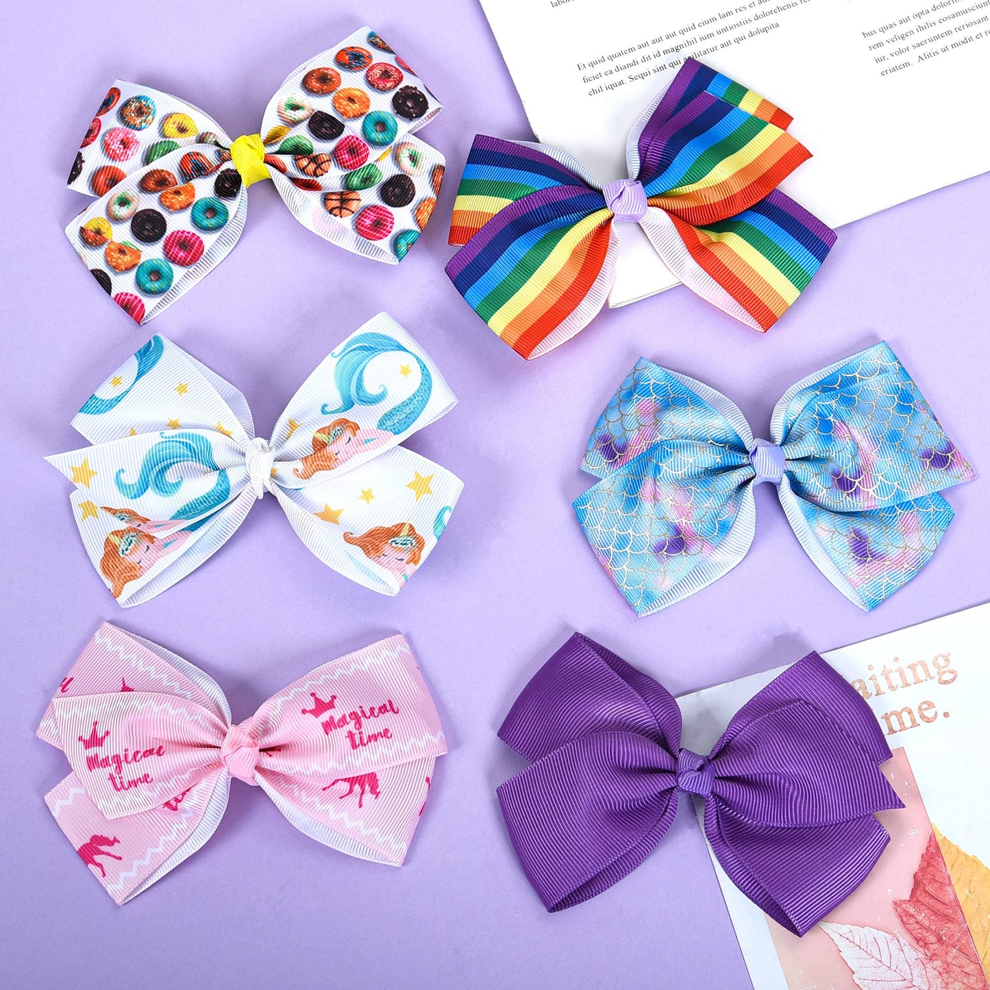 Eygla 12Pcs 5 Inch Hair Bows For Girls, Rainbow Grosgrain Ribbon Hair Bows Alligator Clips - 12 Multi Colors For Little Girls To