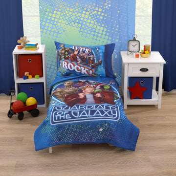 Marvel Guardians Of The Galaxy Blue Let'S Rock 4 Piece Toddler Bed Set - Comforter, Fitted Bottom Sheet, Flat Top Sheet, And Rev