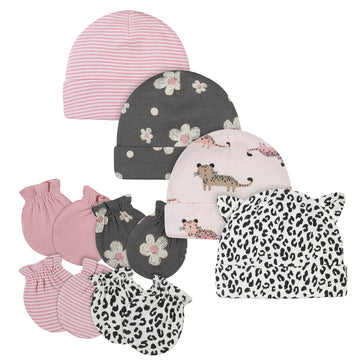 Gerber Baby Girls Cap And Mitten Sets 8Pc Pink Leopard Newborn