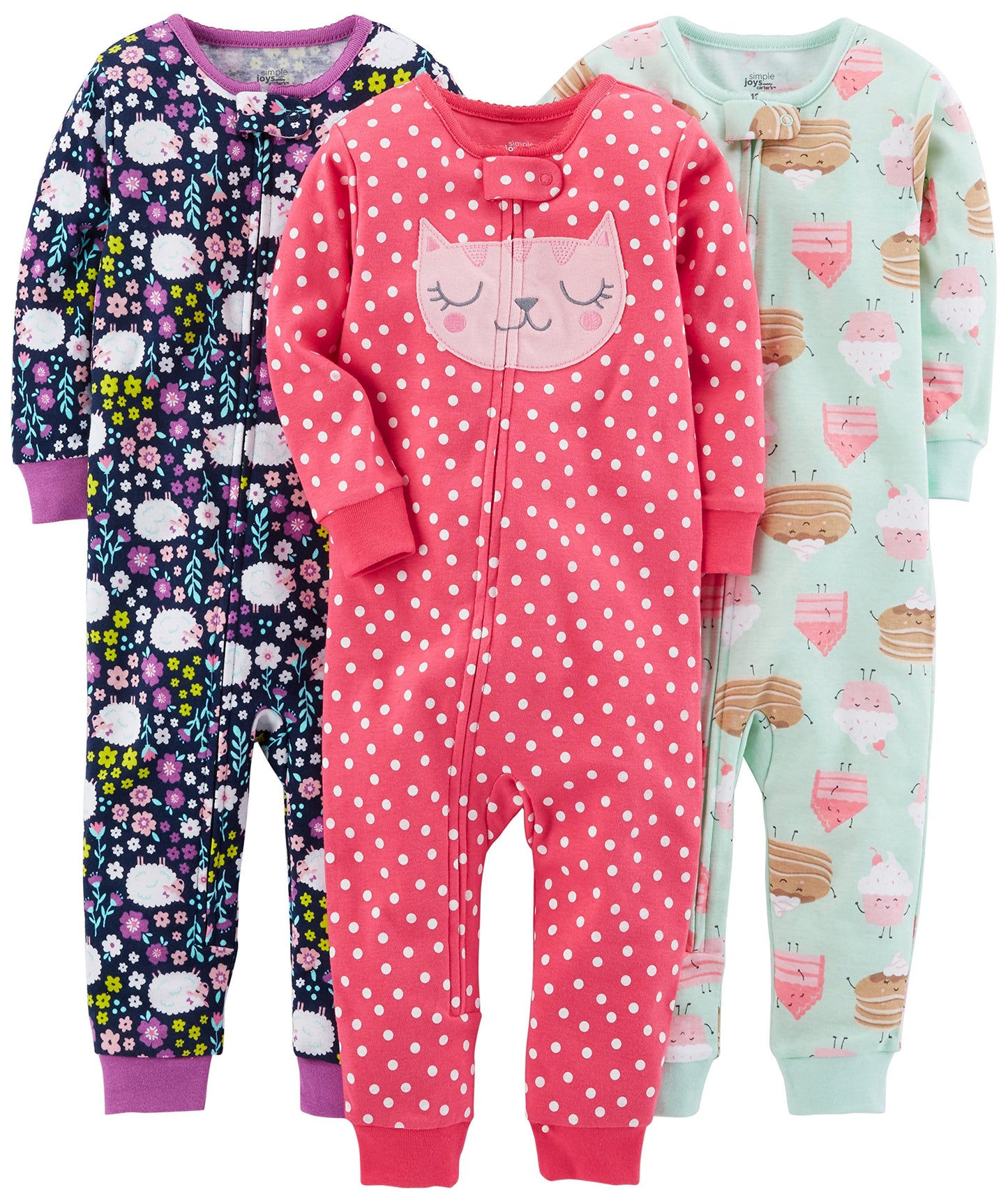 Simple Joys by Carters Baby 3-pack Snug-fit Footless Cotton Pajamas, sweets/floral/kitty, 6-9 Months