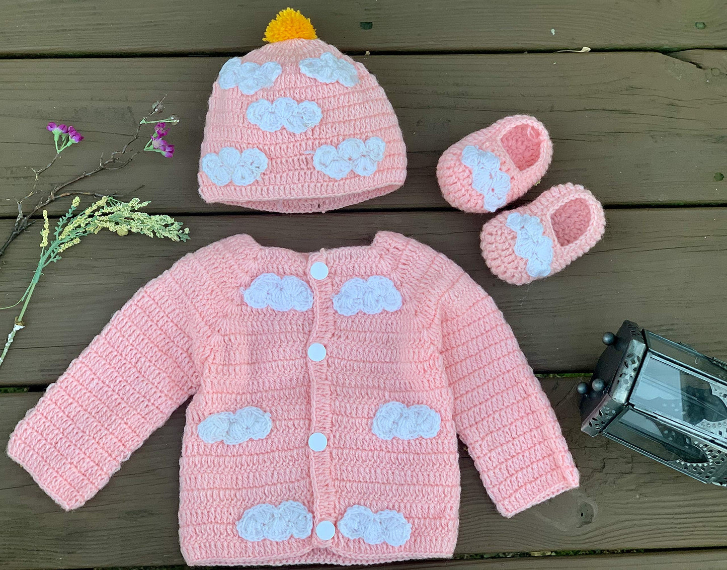 Newborn Cozy Warm Baby Sweater Set -Hand Made Baby Crochet Outfit -Pink/Blue Knit Cardigan With Booties & Hat Gift Set (6-12 Mon