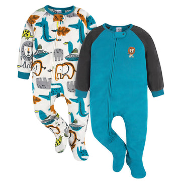 Gerber Baby Boys' Toddler Loose Fit Flame Resistant Fleece Footed Pajamas 2-Pack, Brown Lion, 12 Months