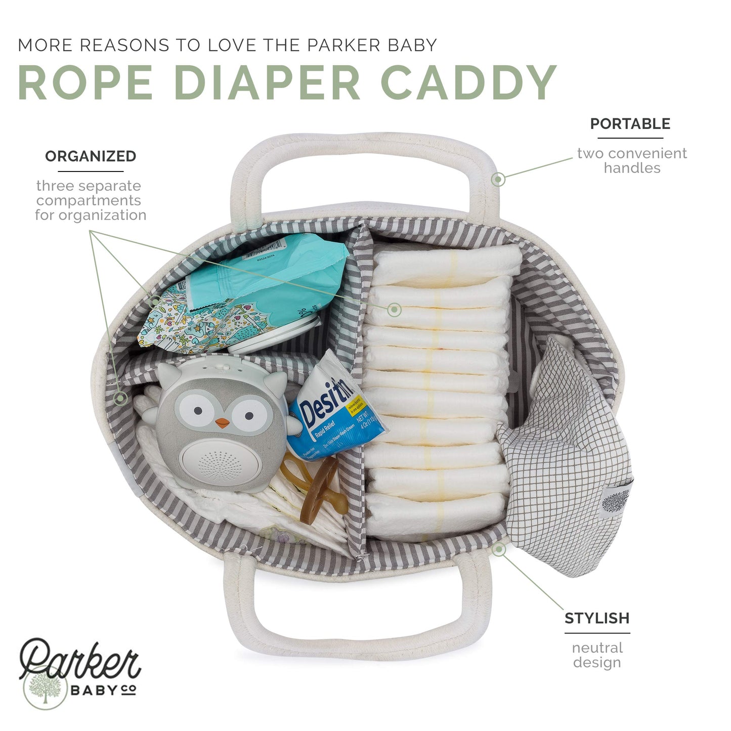 Parker Baby Rope Diaper Caddy Organizer - Nursery Storage Bin and Car Organizer for Diapers and Baby Wipes - Diaper Organizer fo