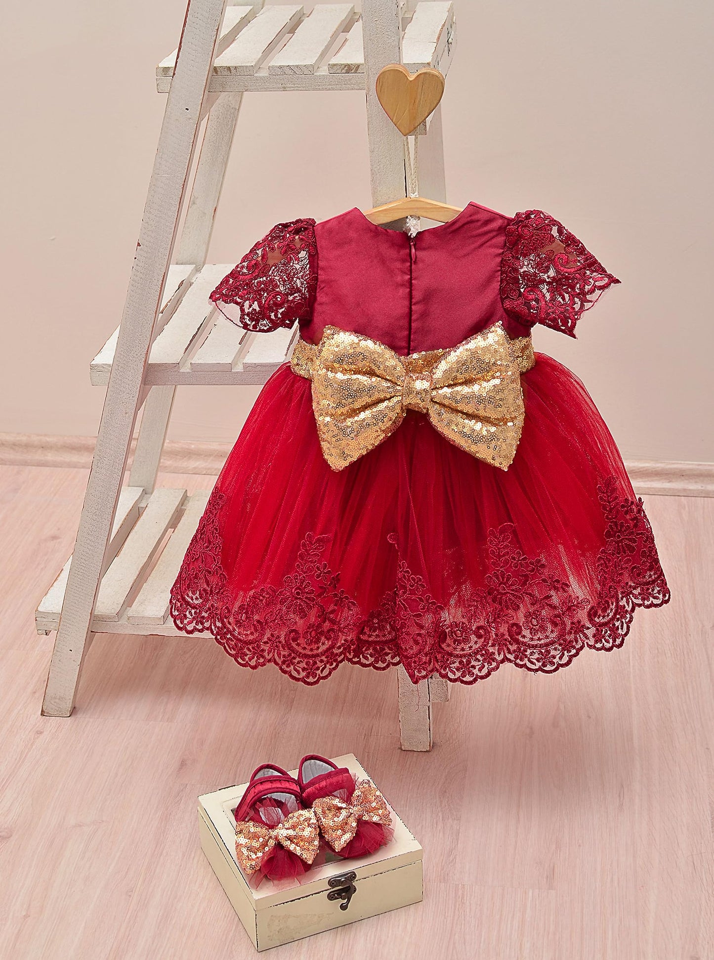 Lilax Baby Girl Newborn Lace Princess Wedding Party Dress Gown 4 Piece Deluxe Set 0-3 Months Red