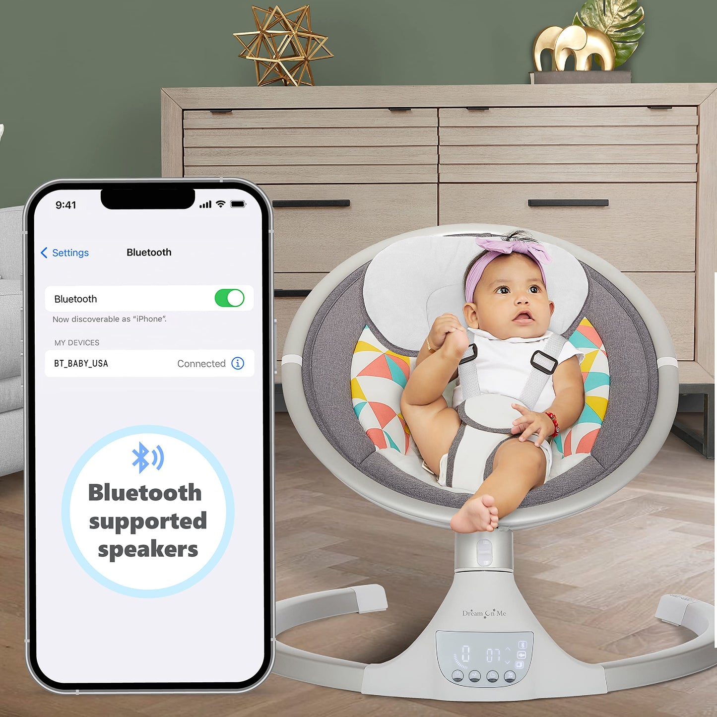 Dream On Me Zazu Baby Swing, Baby Swing For Infant, 5- Swinging Speed, Two Attached Toys, Bluetooth Enabled And Remote Control,