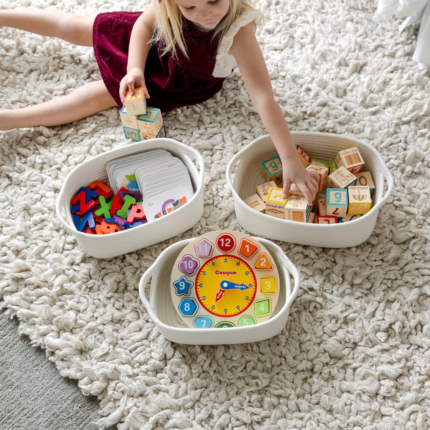 Naturalcozy 5-Piece Rectangle Storage Basket Set- Natural Cotton Rope Woven For Organizing! Small Basket For Montessori, Baby Nu