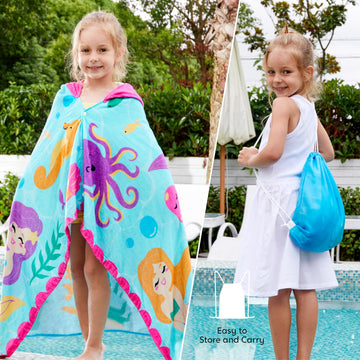 Joiedomi Mermaid Hooded Towels For Kids - Soft 100% Cotton Kids Beach Towel - 30' X 50' For 3-10 Years Boys Girls - Beach Hood