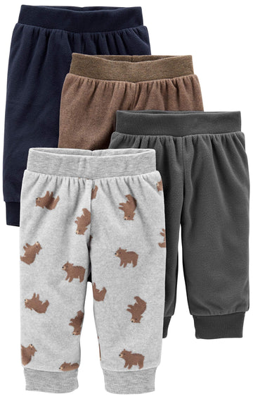 Simple Joys By Carter'S Baby 4-Pack Fleece Pants, Brown/Dark Grey/Light Grey Bear Print/Navy, 0-3 Months