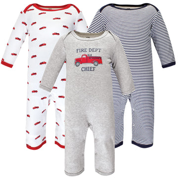 Hudson Baby Unisex Baby Cotton Coveralls Fire Truck, 0-3 Months
