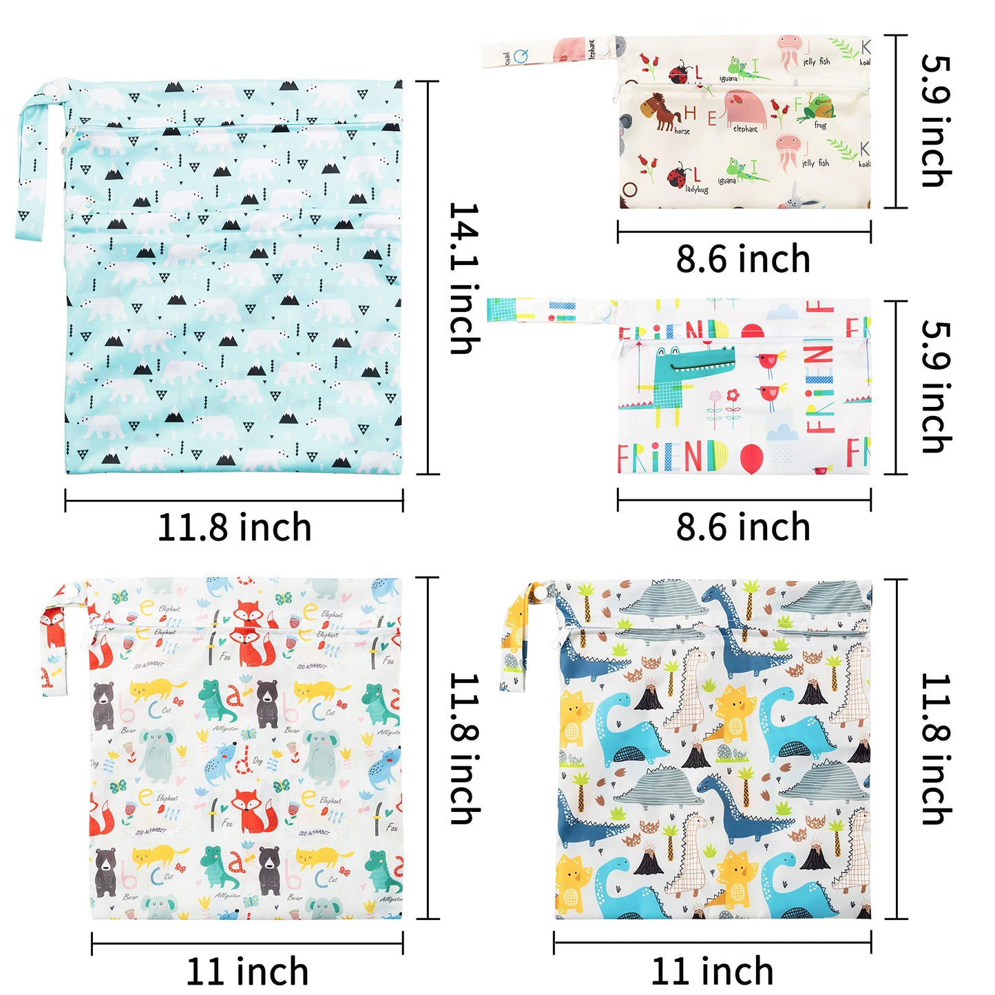 R HORSE 5Pcs Waterproof Reusable Diaper Baby Cloth Wet Dry Bags with 2 Zippered Pockets Travel Beach Pool Bag with Polar Bear Di