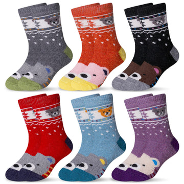 Eocom 6 Pairs Children'S Winter Warm Wool Animal Crew Socks Kids Boys Girls Socks (6 Pairs Bear, 8-12 Years)