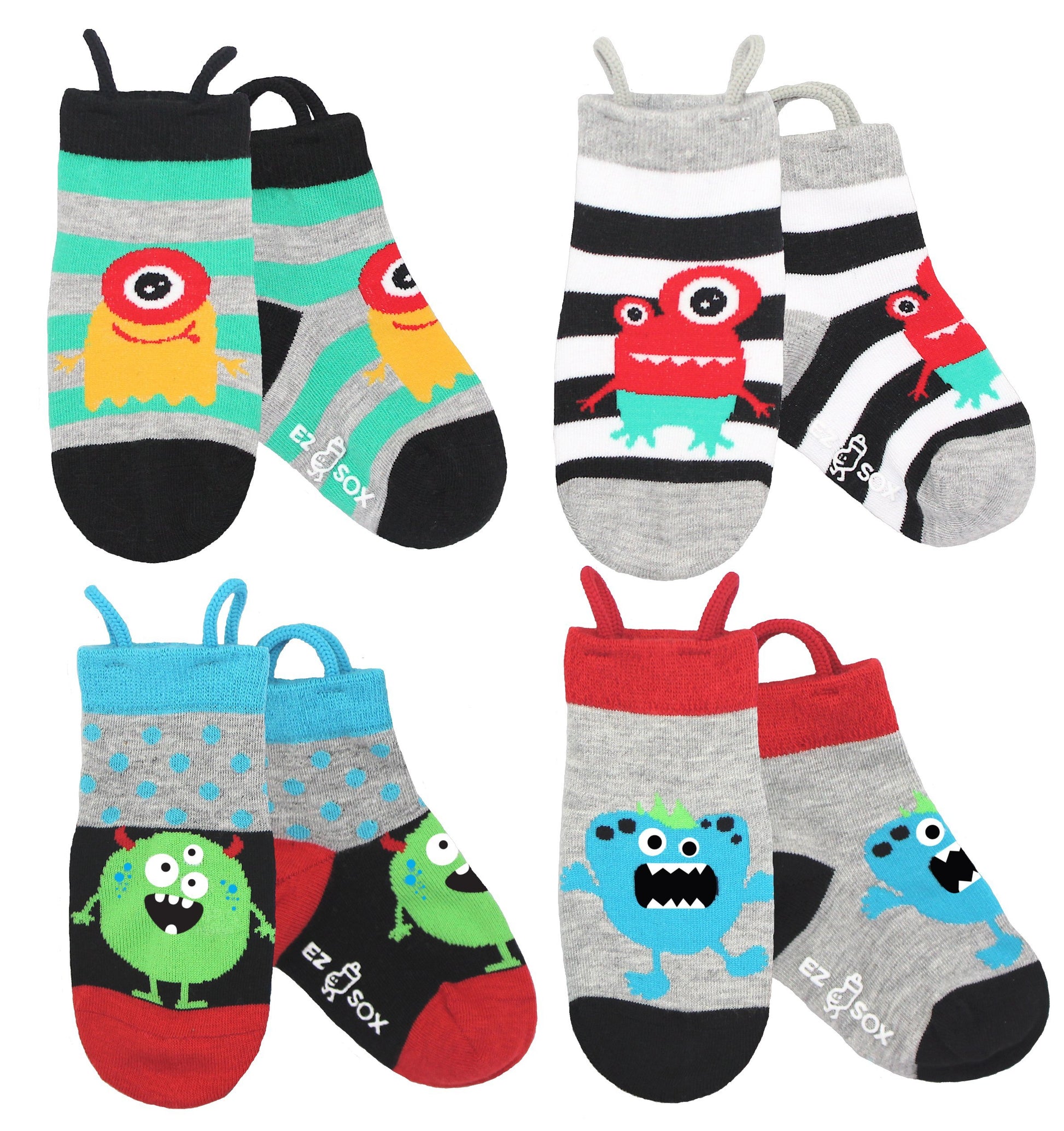 Ez Sox Toddler Socks Easy Pull Up Loops, 3-5 Yrs, Monsters