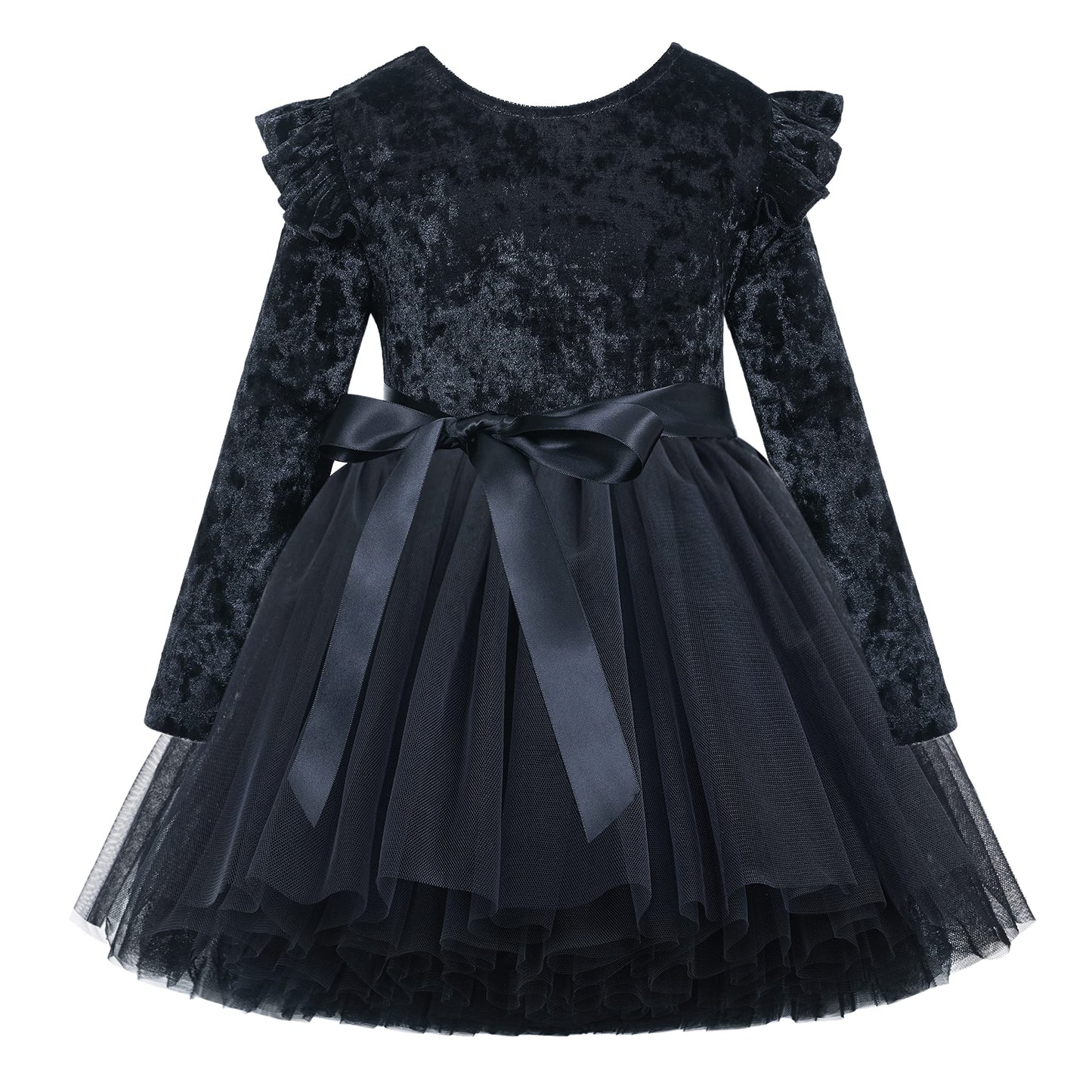 Flofallzique Baby Girls Velvet Dress Knee Length Long Sleeves Toddler Ruffle Tulle Dress Black (2, Black)