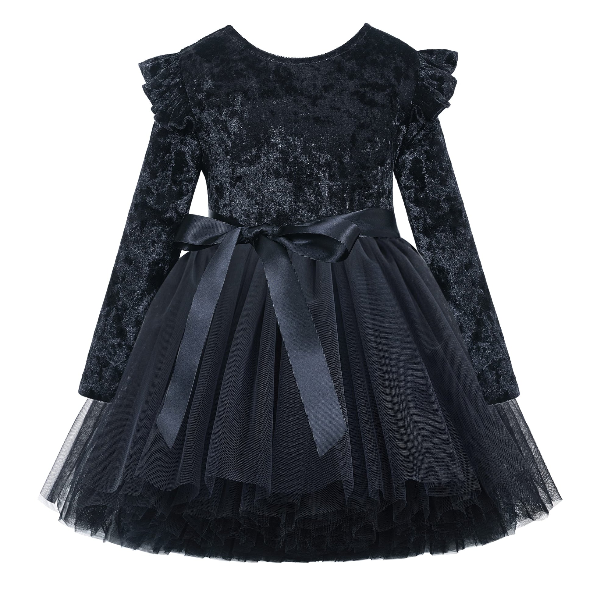 Flofallzique Baby Girls Velvet Dress Knee Length Long Sleeves Toddler Ruffle Tulle Dress Black (2, Black)