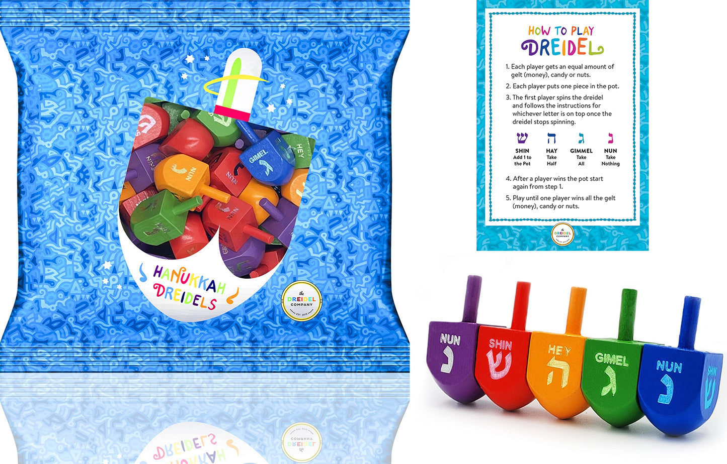 The Dreidel Company Wood Multi-Colored Dreidels Medium Sized Hanukkah Draydels With English Transliteration (10-Pack)
