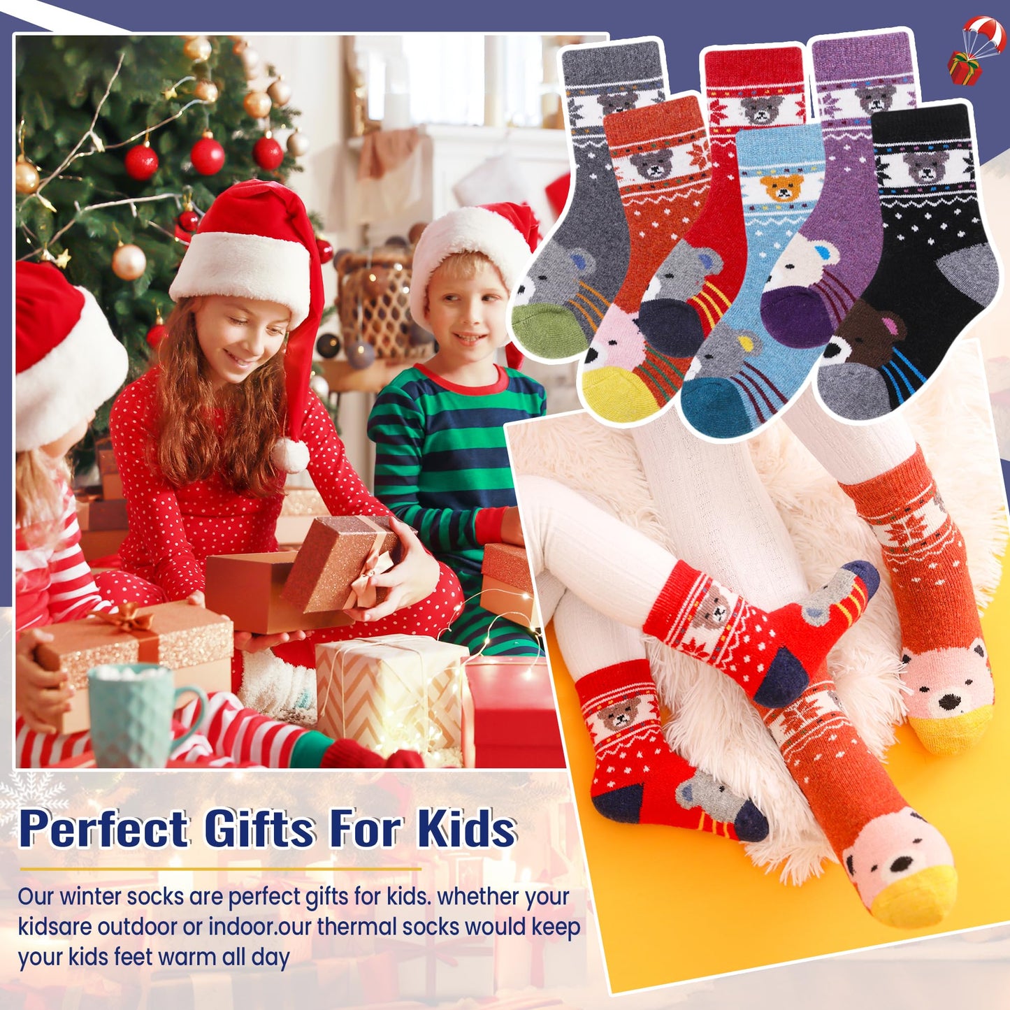 Eocom 6 Pairs Children'S Winter Warm Wool Animal Crew Socks Kids Boys Girls Socks (6 Pairs Bear, 8-12 Years)