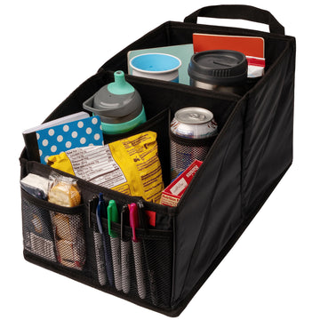 Lusso Gear Car Seat Organizer - Built-In Car Cup Holders & Mesh Pockets - Foldable Back Seat Organizer with Handles - Kids Road 