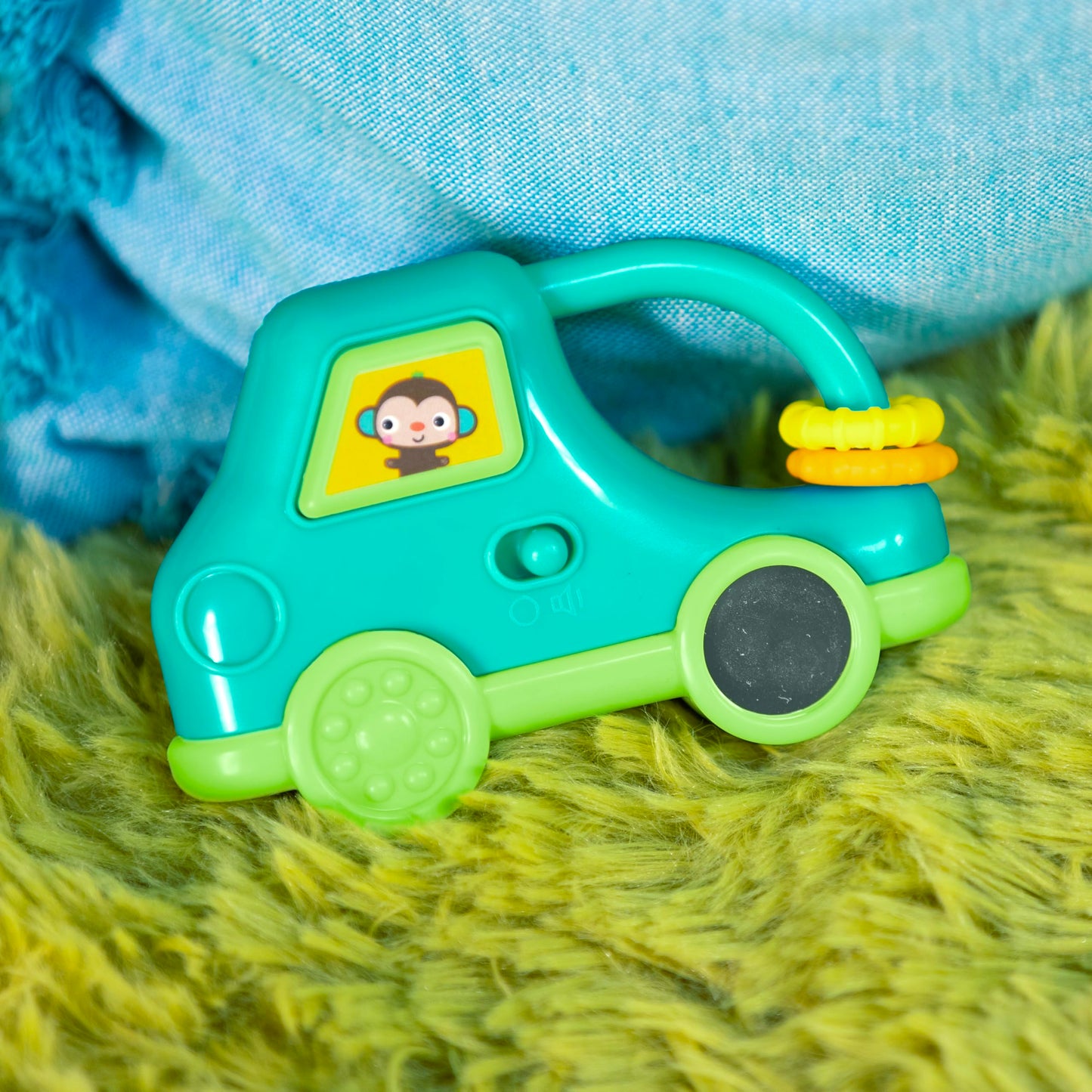 Bright Starts Safari Driver Take Along Toy with Music and Lights, Monkey, On The Go Travel Activity, Unisex, Blue, 3 Months+