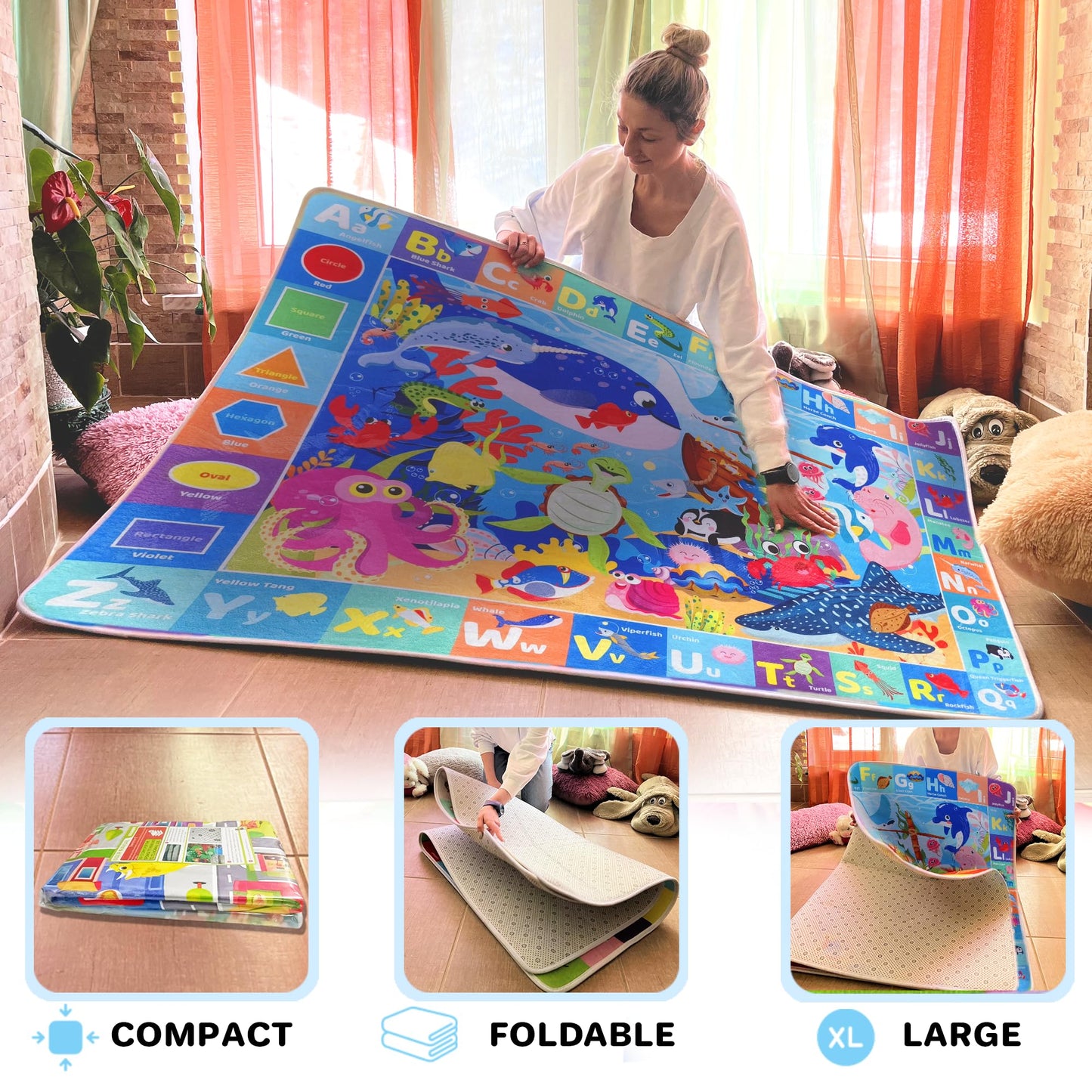 Quokka Baby Play Mat For Floor - Ocean Abc Rug For Kids Toddlers Infants - Extra Thick Large Padded Non-Slip Nursery Rug For Bab