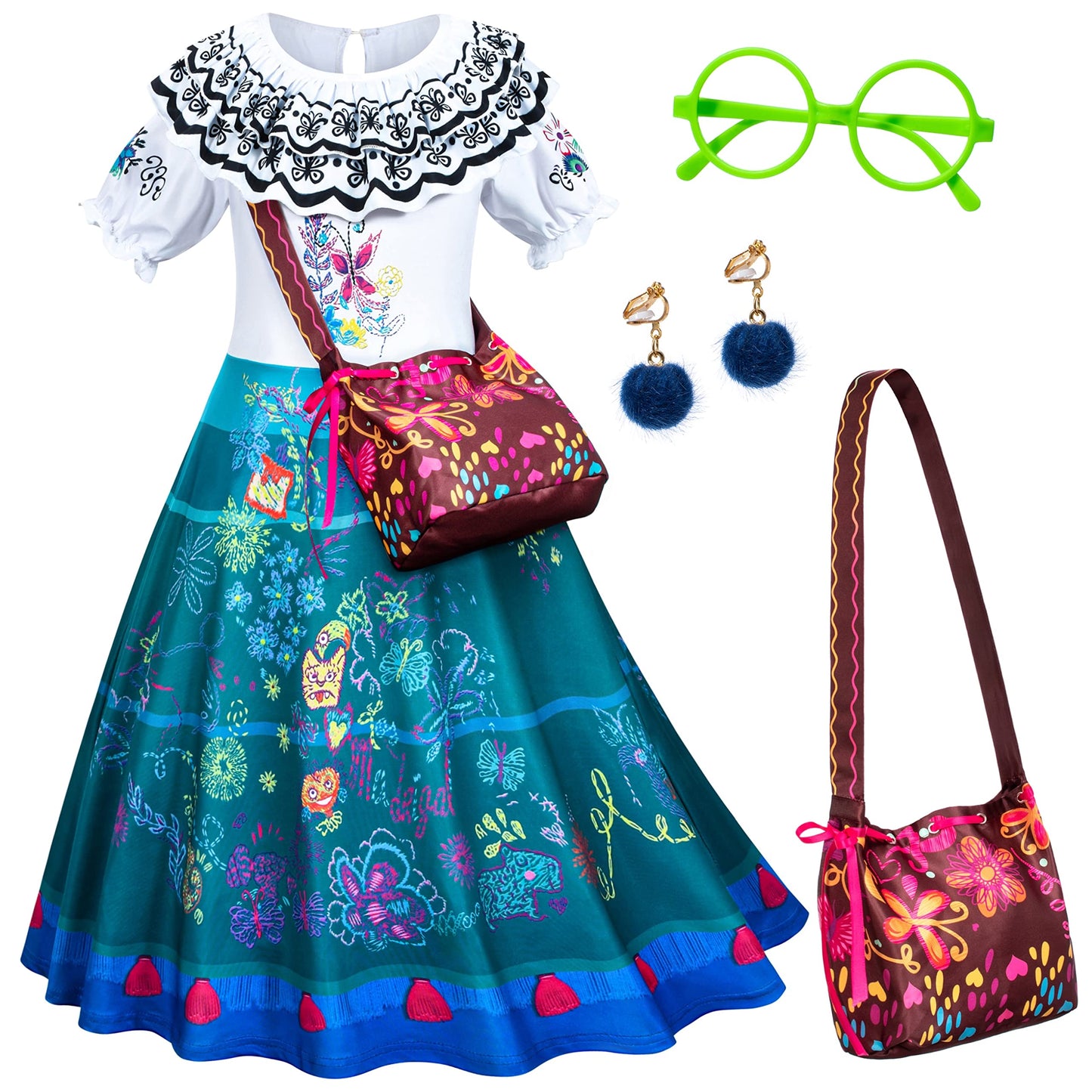 Kaisebile Princess Dress For Girls Birthday Halloween Dress Up With Bag Glasses Earrings 5-6 Years