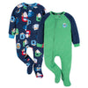 Gerber Baby Boys' Toddler Loose Fit Flame Resistant Fleece Footed Pajamas 2-Pack, Blue Mug, 0-3 Months