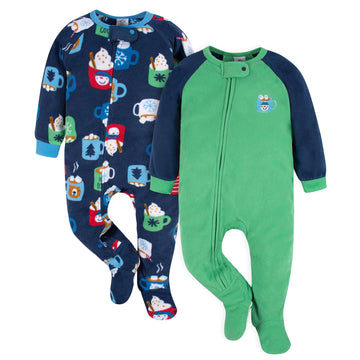 Gerber Baby Boys' Toddler Loose Fit Flame Resistant Fleece Footed Pajamas 2-Pack, Blue Mug, 0-3 Months