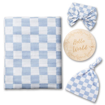 Miaoberry Checkered Muslin Swaddle Set, 100% Organic Cotton, Mist Blue