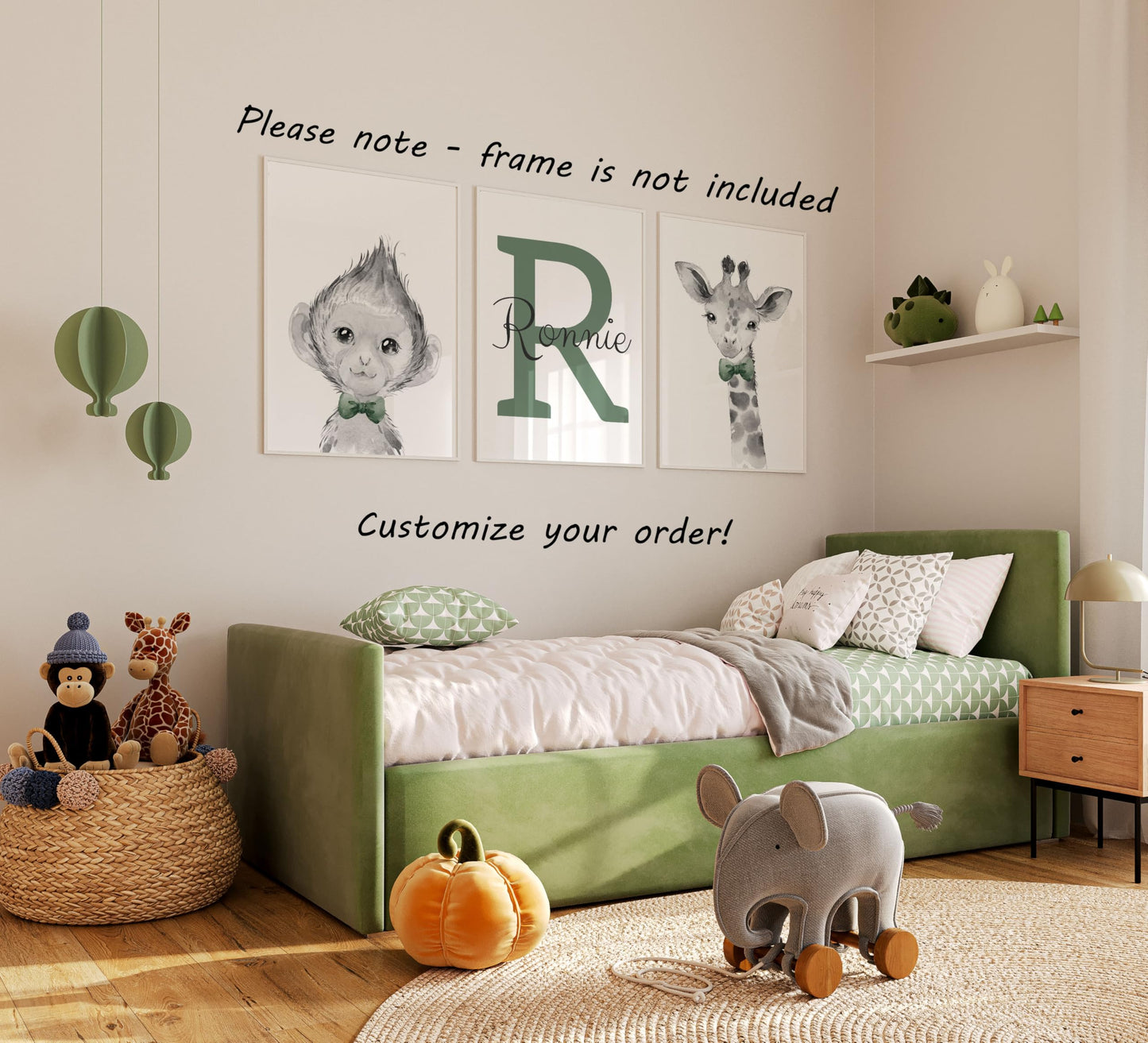 Personalized Safari Animals For Baby Boys Nursery Bedroom Unframed Set Of 3 Poster Prints, Personalized Name Blue Green Yellow B