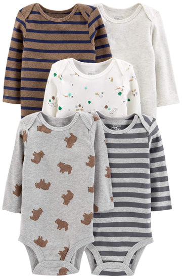 Simple Joys By Carter'S Mens 5-Pack Long-Sleeve Bodysuit (Infant) Bears/Animals Green/Stripes 12 Months (Infant) One Size