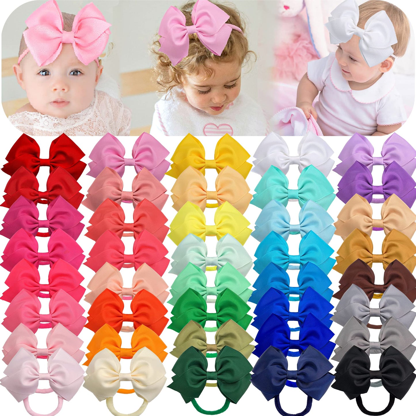 C  Llot 40 Colors Baby Bow Headbands 5' Hair Bows Super Soft Nylon Headbands For Baby Girls Infants Preemie And Newborn Kids Ha