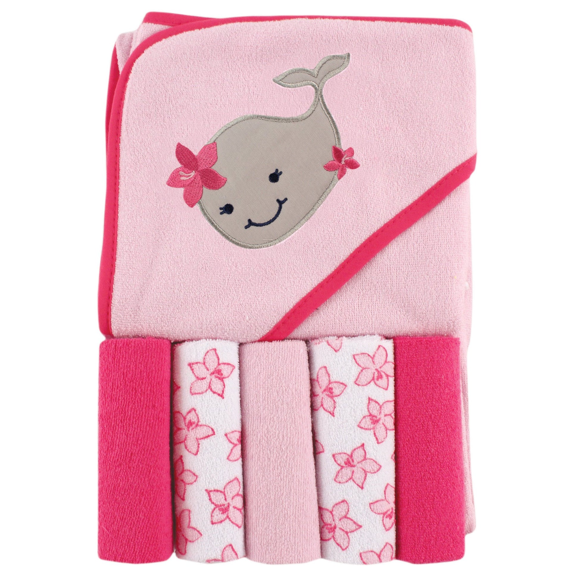 Luvable Friends Unisex Baby Hooded Towel With Five Washcloths, Girly Whale, One Size