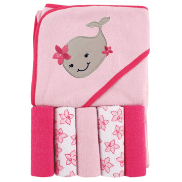 Luvable Friends Unisex Baby Hooded Towel With Five Washcloths, Girly Whale, One Size