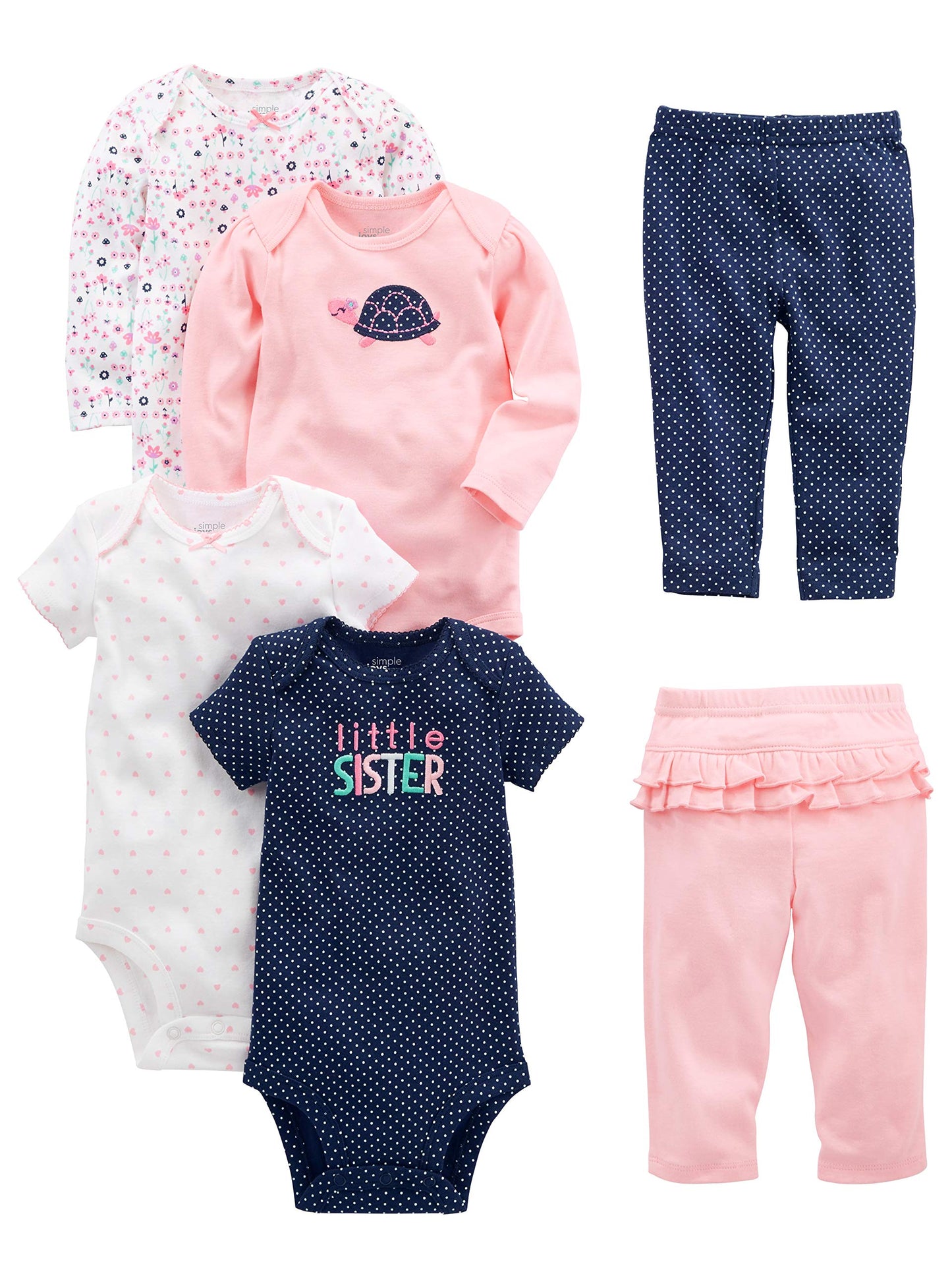 Simple Joys Baby Girls 6 piece Little Character set Sleepwear, Pink/Navy Ruffle, Newborn