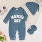 Newborn Baby Boy Romper Waffle Coming Home Outfits Mama'S Boy Letter Jumpsuit+Hat+Gloves 3Pcs Clothes Set (Dove Blue, 1-3M)