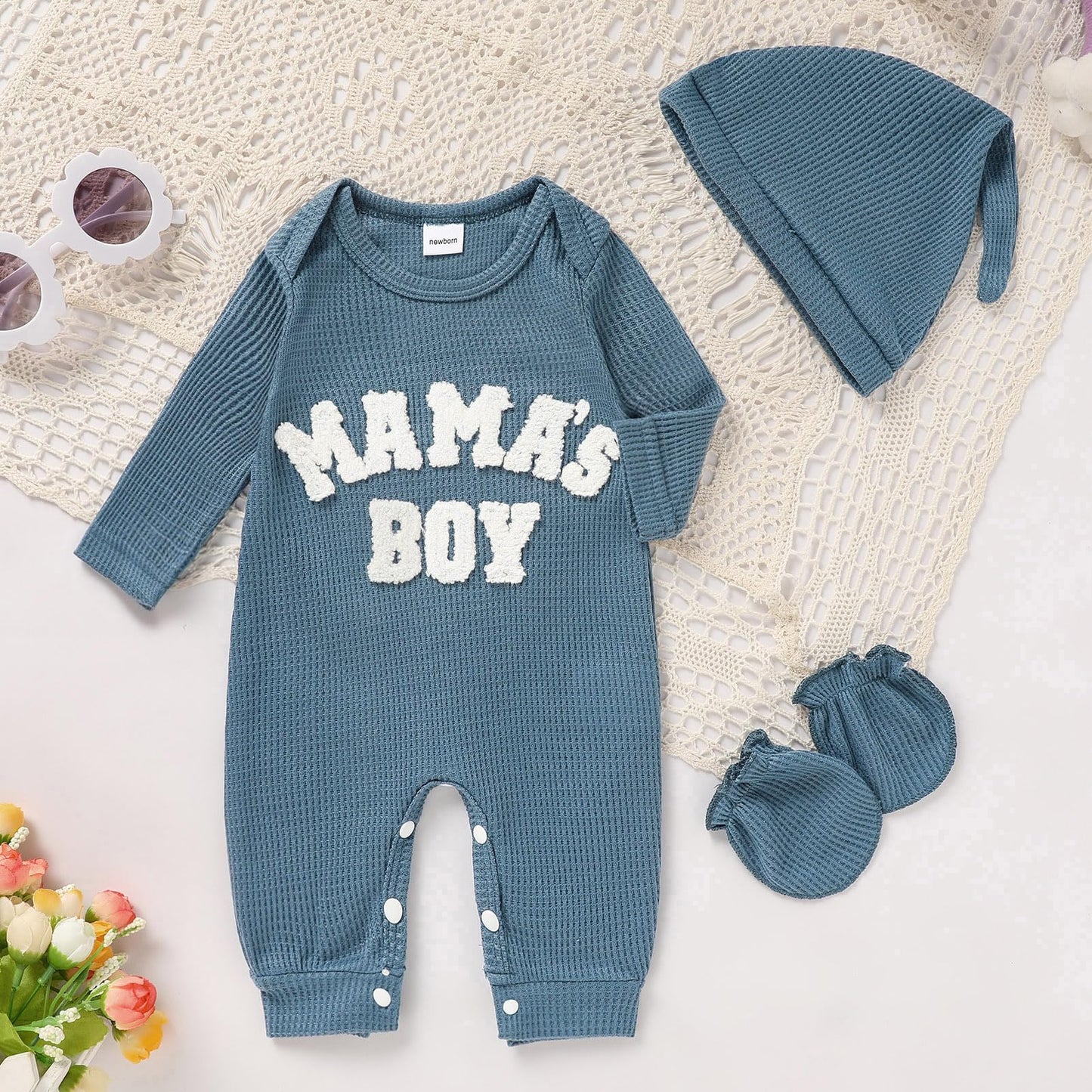 Newborn Baby Boy Romper Waffle Coming Home Outfits Mama'S Boy Letter Jumpsuit+Hat+Gloves 3Pcs Clothes Set (Dove Blue, 1-3M)