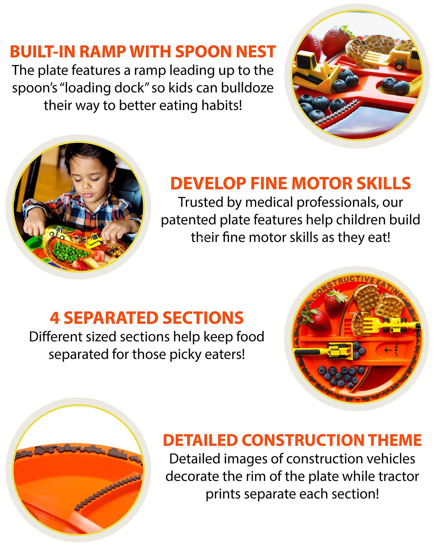 Constructive Eating Made In Usa Construction And Dinosaur Combo With 2 Utensil Sets And 2 Plates For Toddlers, Infants, Babies A