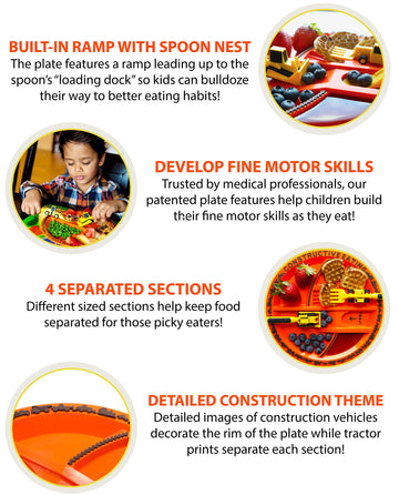 Constructive Eating Made In Usa Construction And Dinosaur Combo With 2 Utensil Sets And 2 Plates For Toddlers, Infants, Babies A
