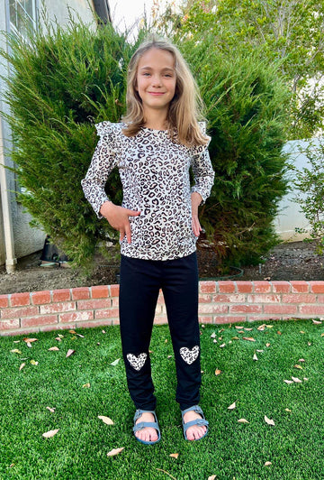 Retsugo Little Girls 2 Piece Outfits White Leopard Aop Sweatshirts Ruffle Sleeve Toddler Shirt And Leggings Set Kids Clothes Gir