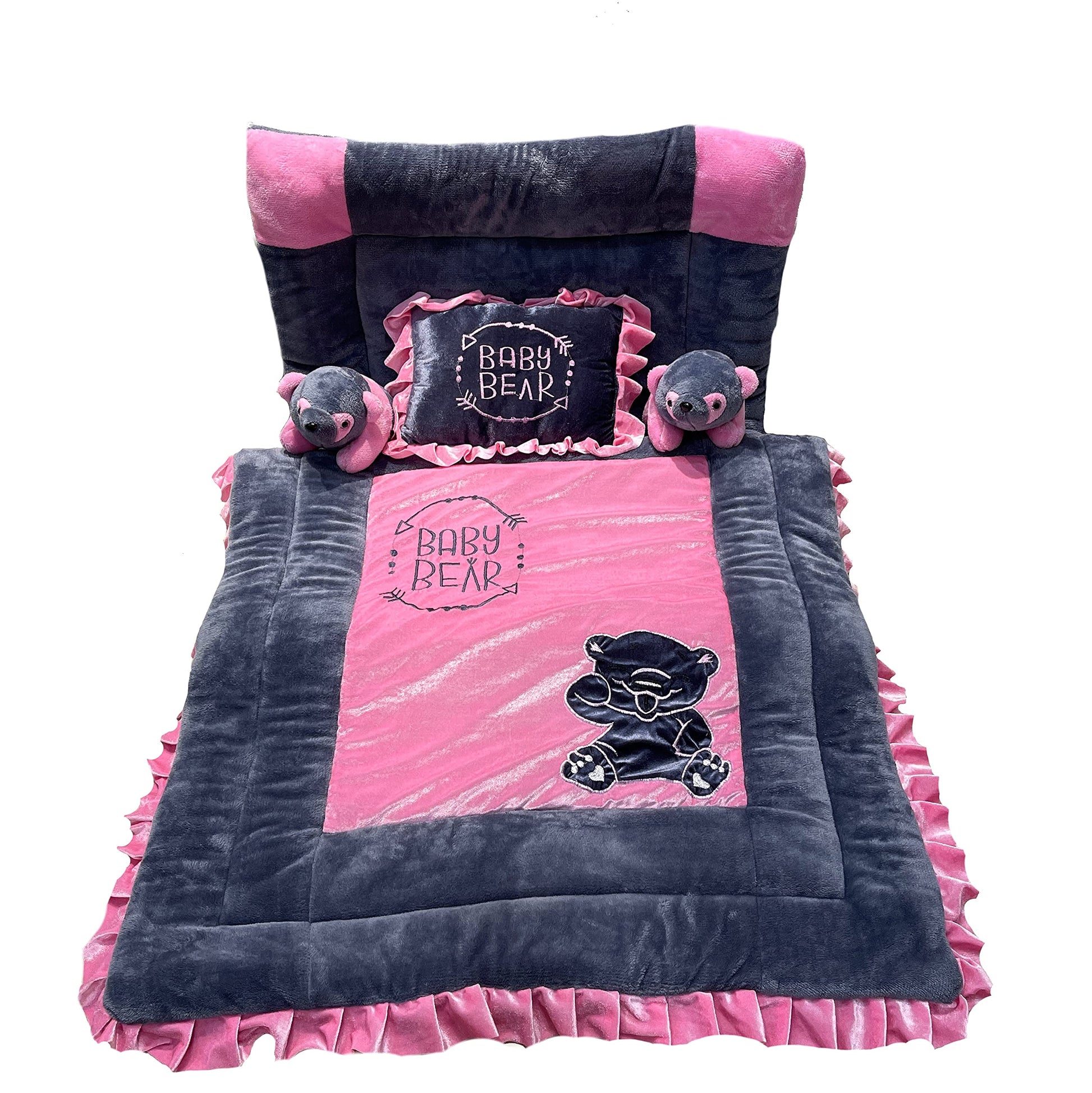 Pinks And Blues Full Sleeping 5 Piece Baby Bedding Set With Two Bear Shape Side Pillows (048 Months) (Grey Pink)