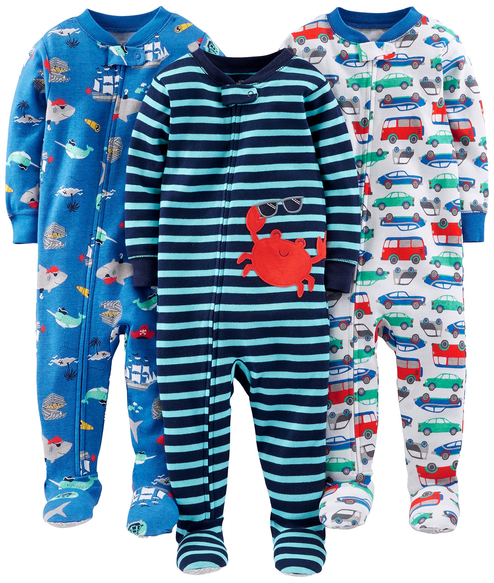 Simple Joys By Carter'S Baby Boys' 3-Pack Snug Fit Footed Cotton Pajamas, Blue Sea Life/Navy Stripe/White Cars, 6-9 Months