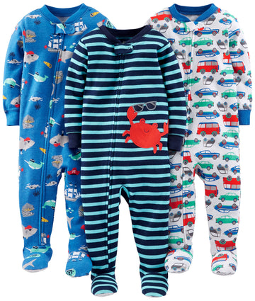 Simple Joys By Carter'S Baby Boys' 3-Pack Snug Fit Footed Cotton Pajamas, Blue Sea Life/Navy Stripe/White Cars, 18 Months