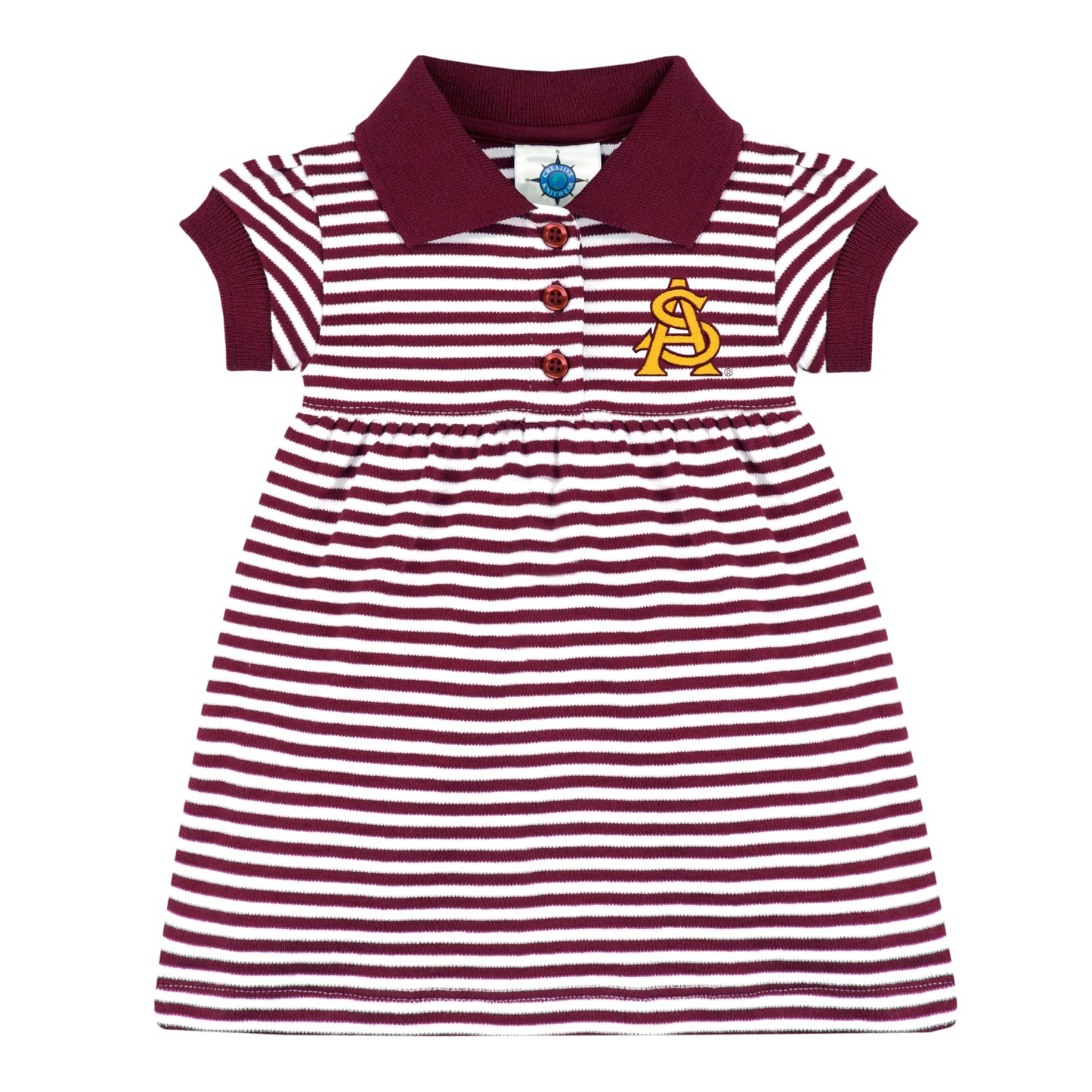 College Baby Striped Game Day Polo Dress With Bloomer - Arizona State Sun Devils Interlocking As Logo - Maroon/White - 3-6 Month