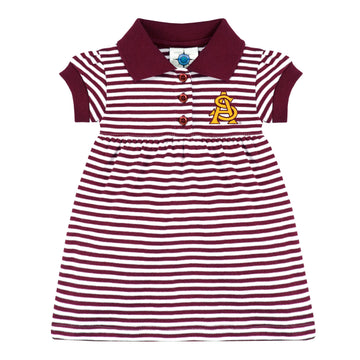 College Baby Striped Game Day Polo Dress With Bloomer - Arizona State Sun Devils Interlocking As Logo - Maroon/White - 3-6 Month