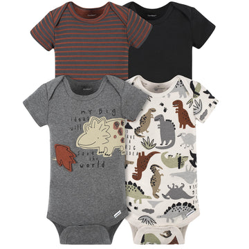Gerber Baby Boys' 4-Pack Short Sleeve Onesies Bodysuits, Dino Grey, 0-3 Months