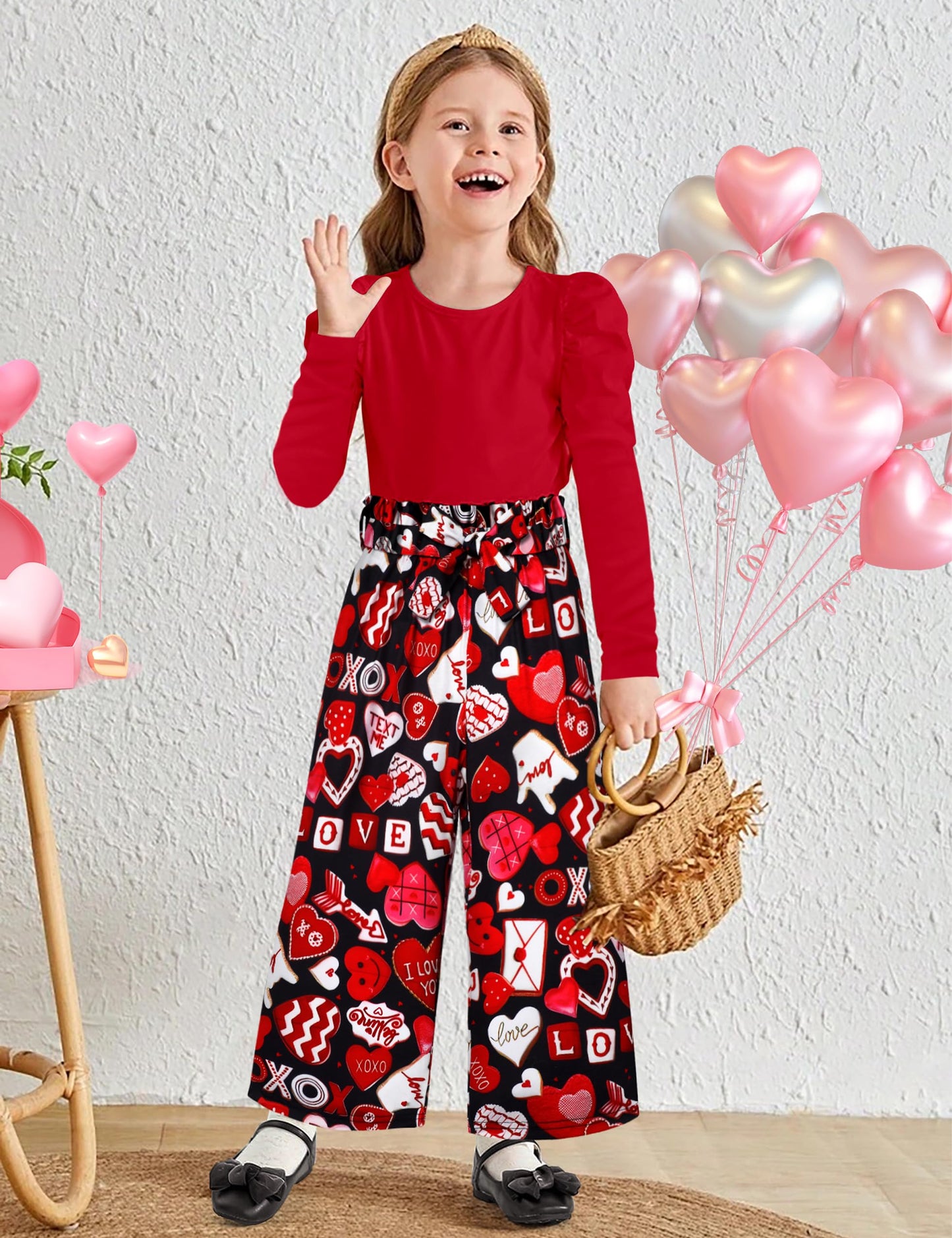 Migu Girls Valentines Day Outfit Size 6-7 Valentines Outfit Girl Red Puffy Sleeve Top Love Pattern Pants Headbands 3Pcs