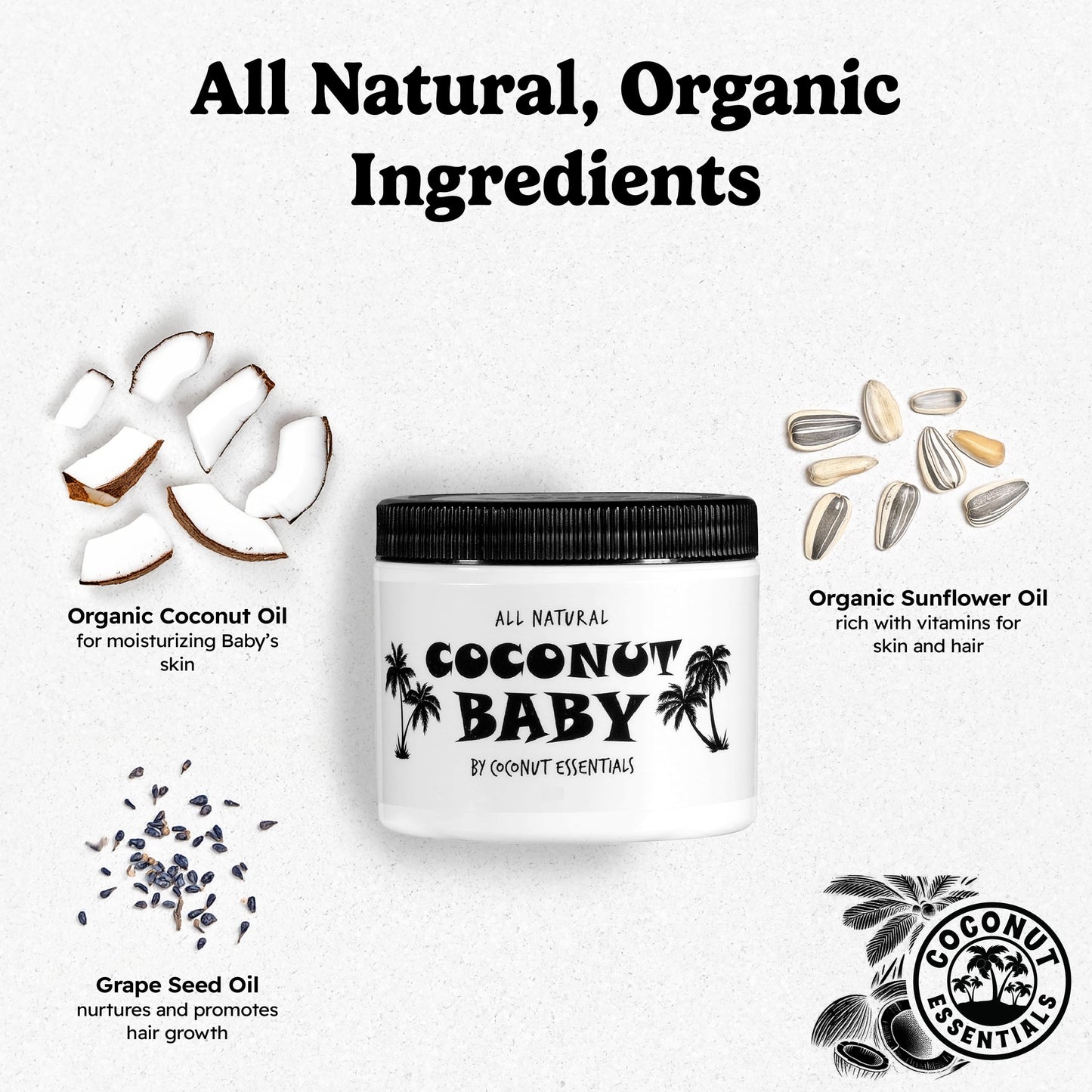 Coconut Essentials | Coconut Baby Oil, Natural & Organic Moisturizer, Hair Oil For Cradle Cap Treatment, Newborn Sensitive Skin,