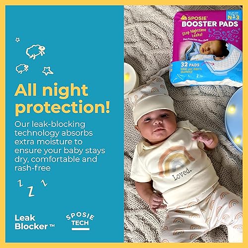 Sposie Booster Pads, Stop Overnight Diaper Leaks, Fits Sizes Newborn 1 2 3, No Adhesive for Sensitive Skin, 32 ct.