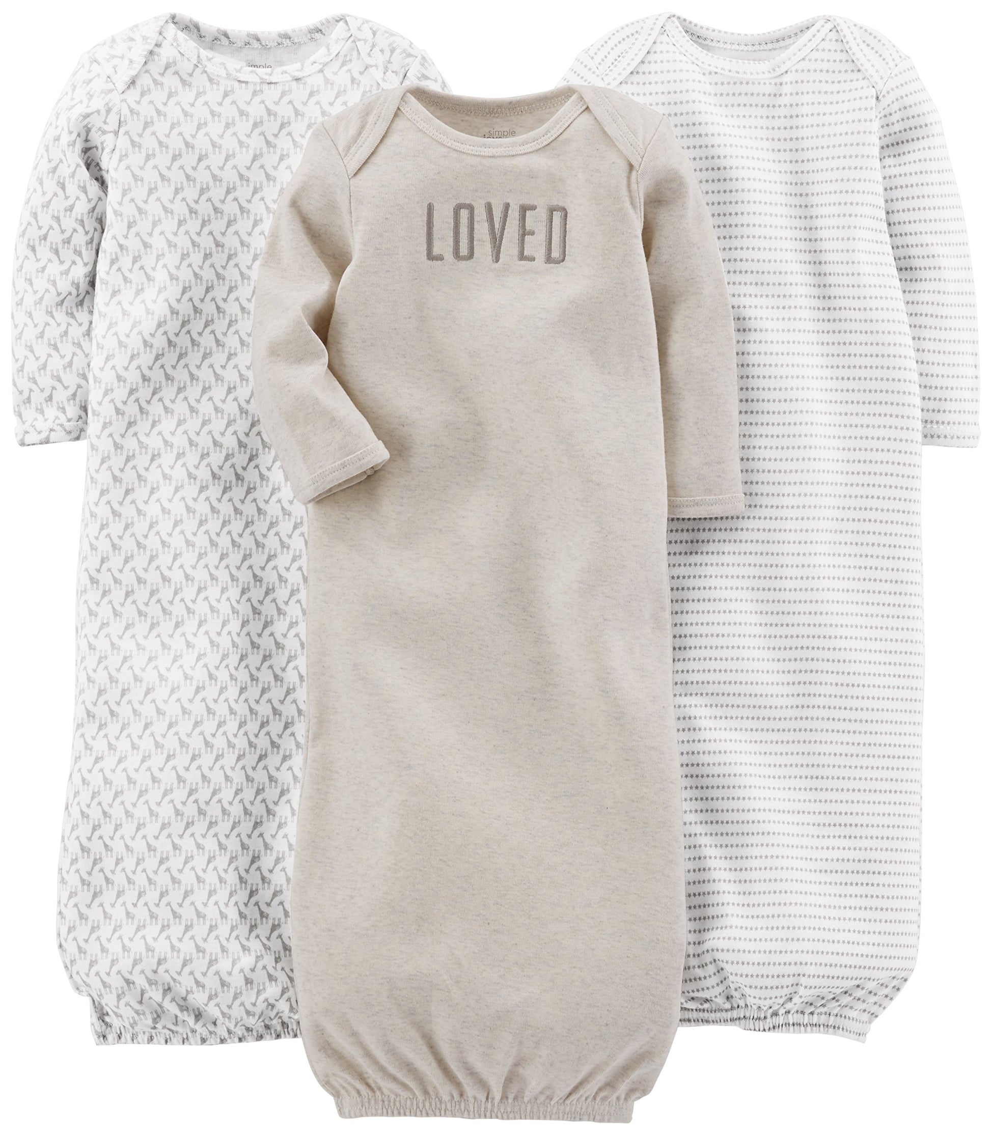 Simple Joys By Carter'S Unisex Babies' Cotton Sleeper Gown, Pack Of 3, Grey/White, Newborn