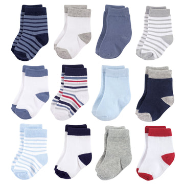 Hudson Baby Unisex Cotton Rich Newborn And Terry Socks, Boy Stripe White, 6-12 Months